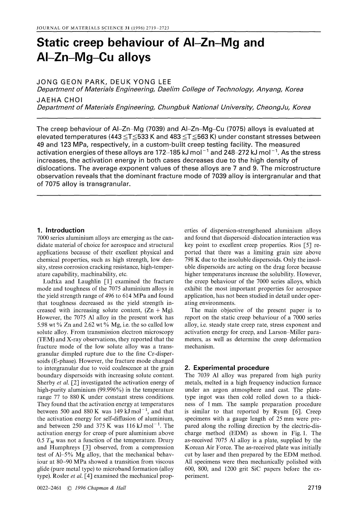 Static creep behaviour of Al-Zn-Mg and Al-Zn-Mg-Cu alloys by Unknown