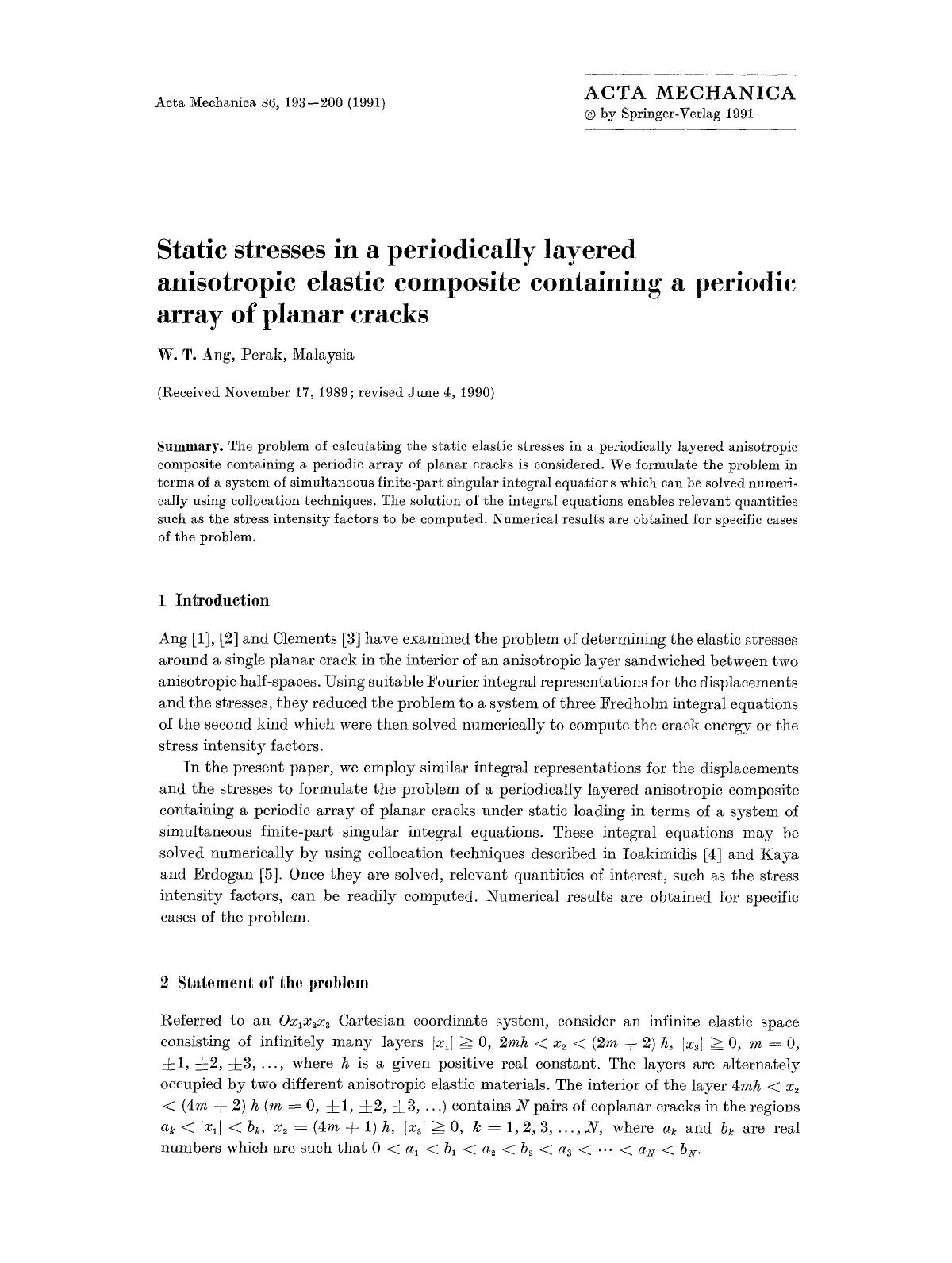 Static stresses in a periodically layered anisotropic elastic composite containing a periodic array of planar cracks by Unknown