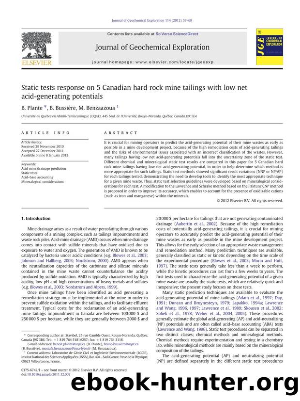 Static tests response on 5 Canadian hard rock mine tailings with low net acid-generating potentials by B. Plante & B. Bussière & M. Benzaazoua