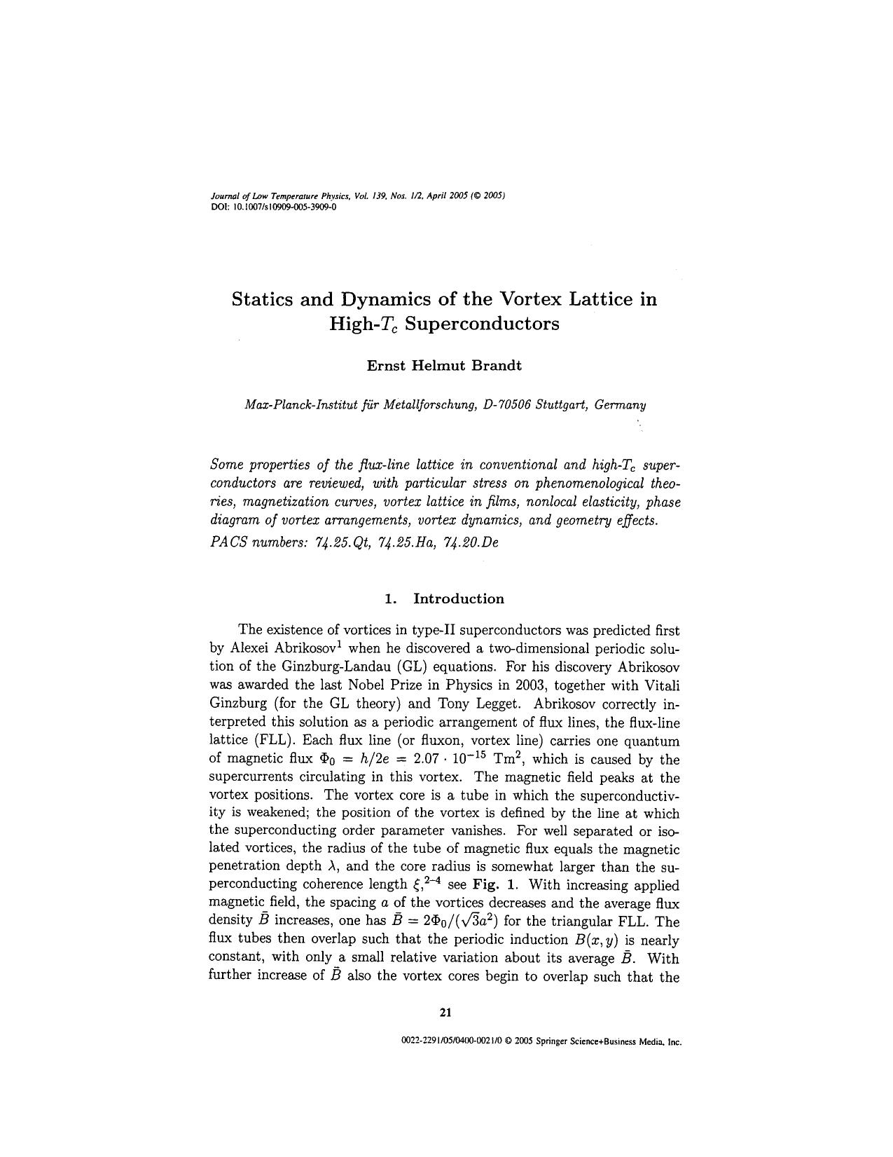 Statics and dynamics of the vortex lattice in high- <Emphasis Type="Italic">T <Emphasis> <Subscript>c <Subscript> superconductors by Unknown