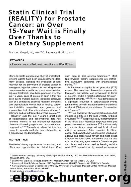 Statin Clinical Trial (REALITY) for Prostate Cancer: an Over 15-Year Wait is Finally Over Thanks to a Dietary Supplement by Mark A. Moyad MD MPH & Laurence H. Klotz MD