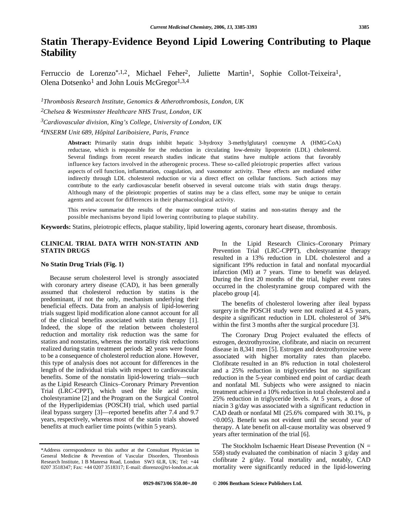 Statin Therapy-Evidence Beyond Lipid Lowering Contributing to Plaque Stability by unknow