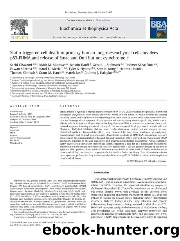 Statin-triggered cell death in primary human lung mesenchymal cells involves p53-PUMA and release of Smac and Omi but not cytochrome c by unknow
