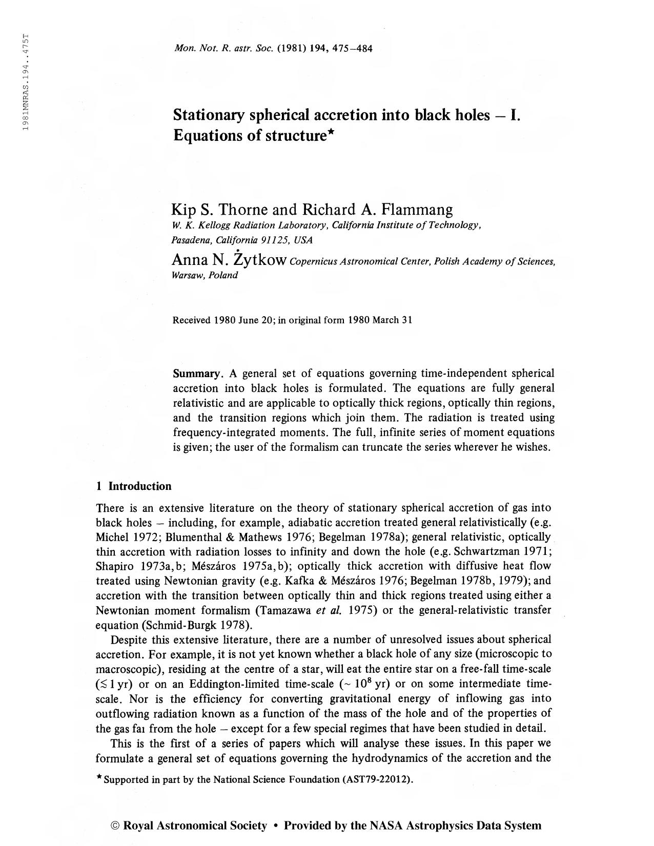 Stationary Spherical Accretion into Black Holes, I (1981) by Unknown