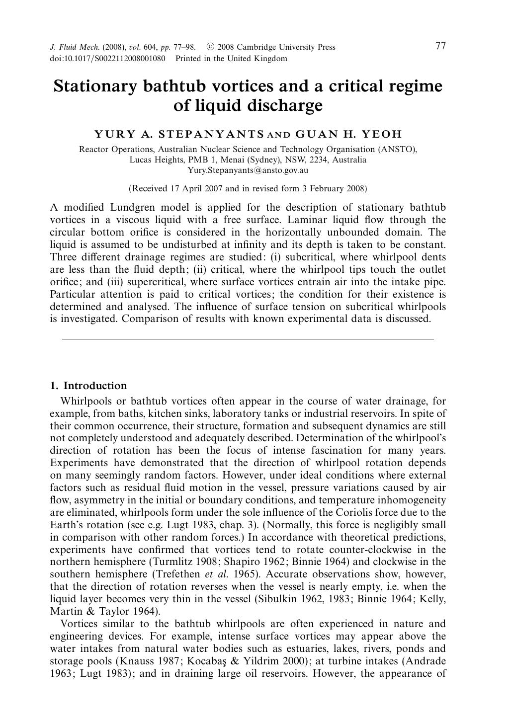 Stationary bathtub vortices and a critical regime of liquid discharge by YURY A. STEPANYANTS & GUAN H. YEOH