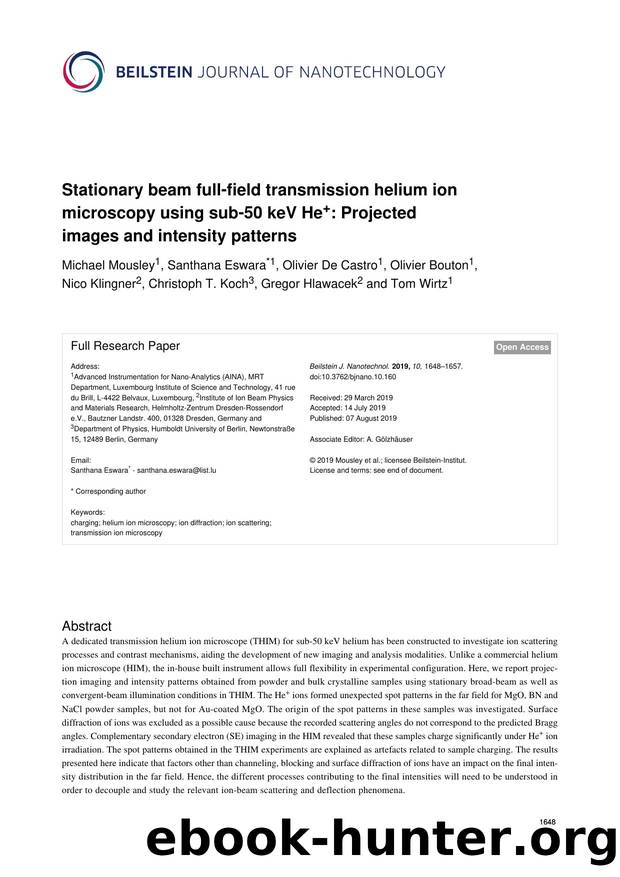 Stationary beam full-field transmission helium ion microscopy using sub-50 keV He+: Projected images and intensity patterns by unknow