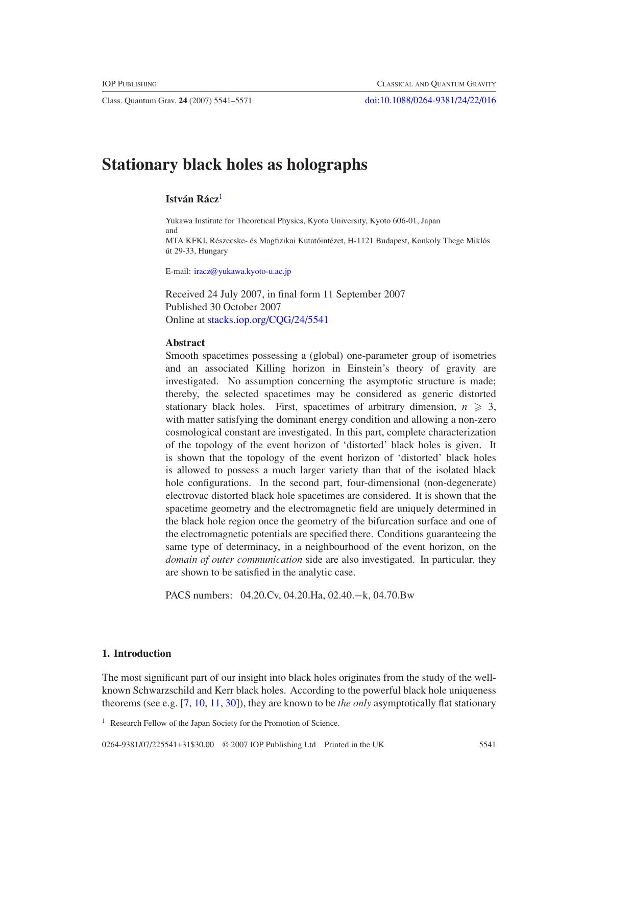 Stationary black holes as holographs by I Racz