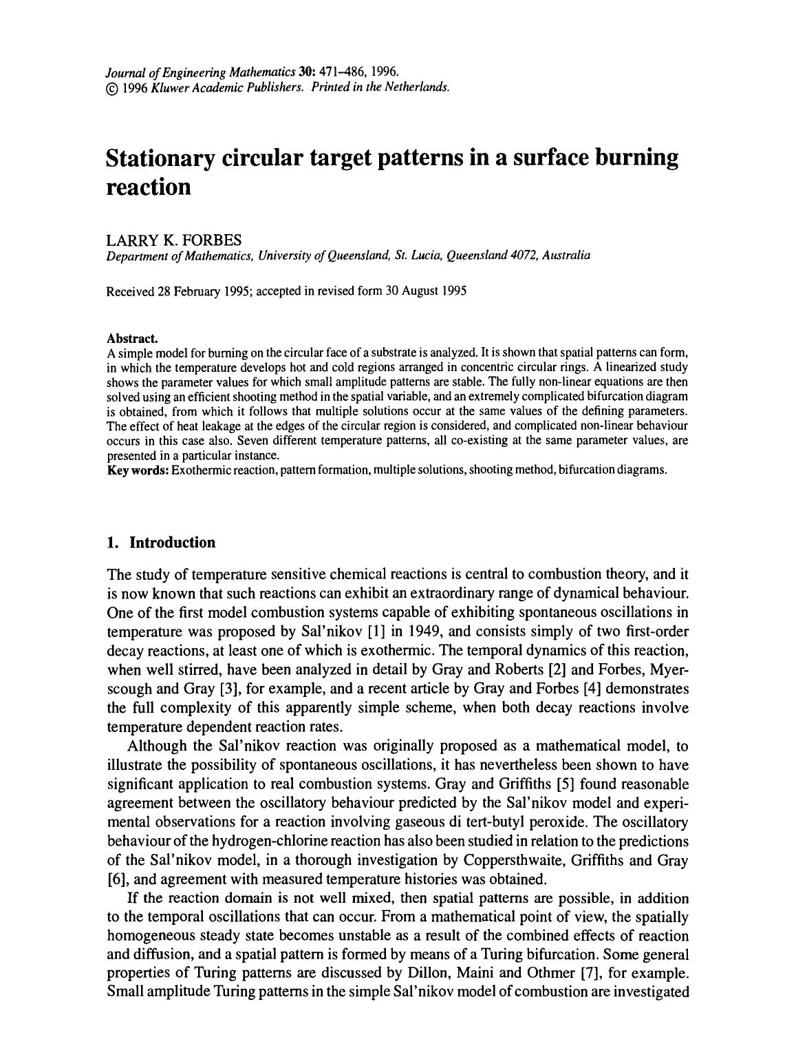 Stationary circular target patterns in a surface burning reaction by Unknown