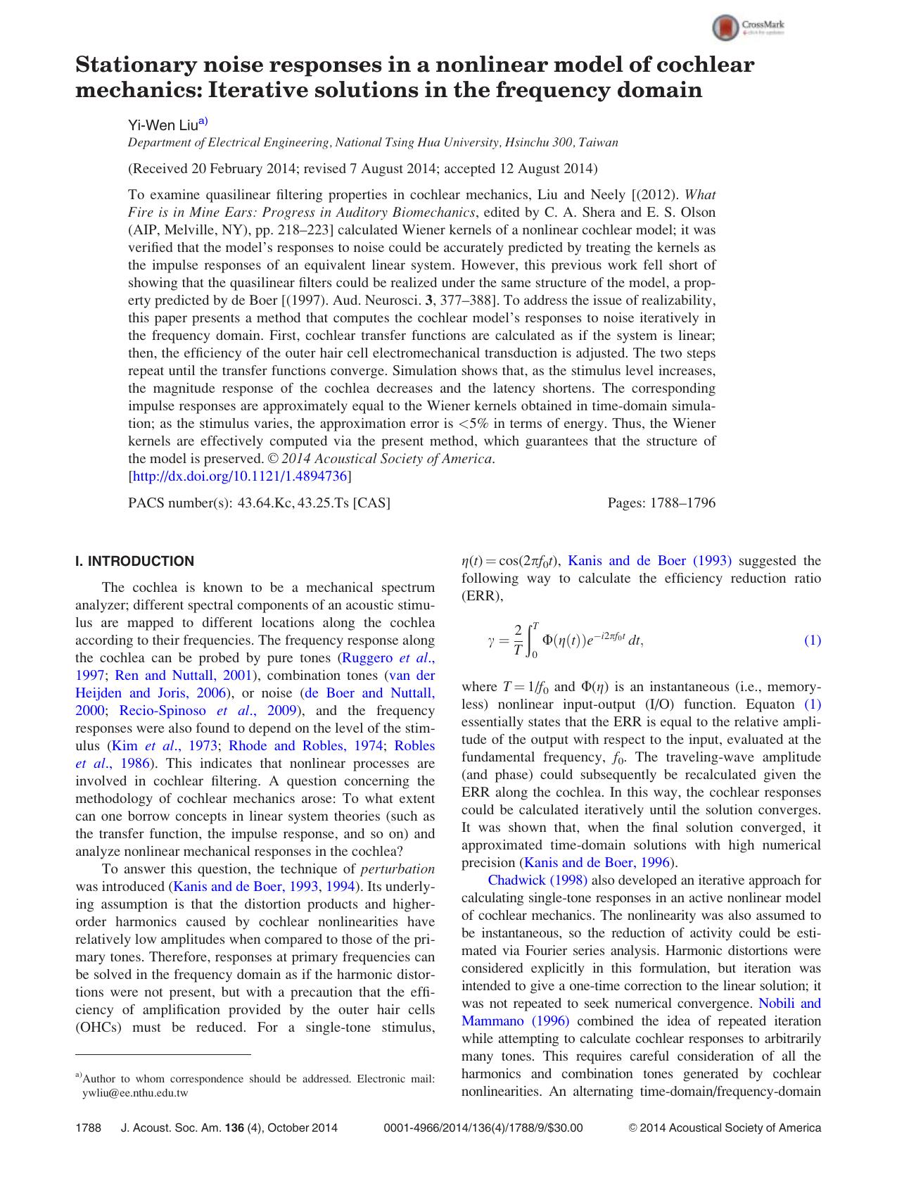 Stationary noise responses in a nonlinear model of cochlear mechanics: Iterative solutions in the frequency domain by Yi-Wen Liu