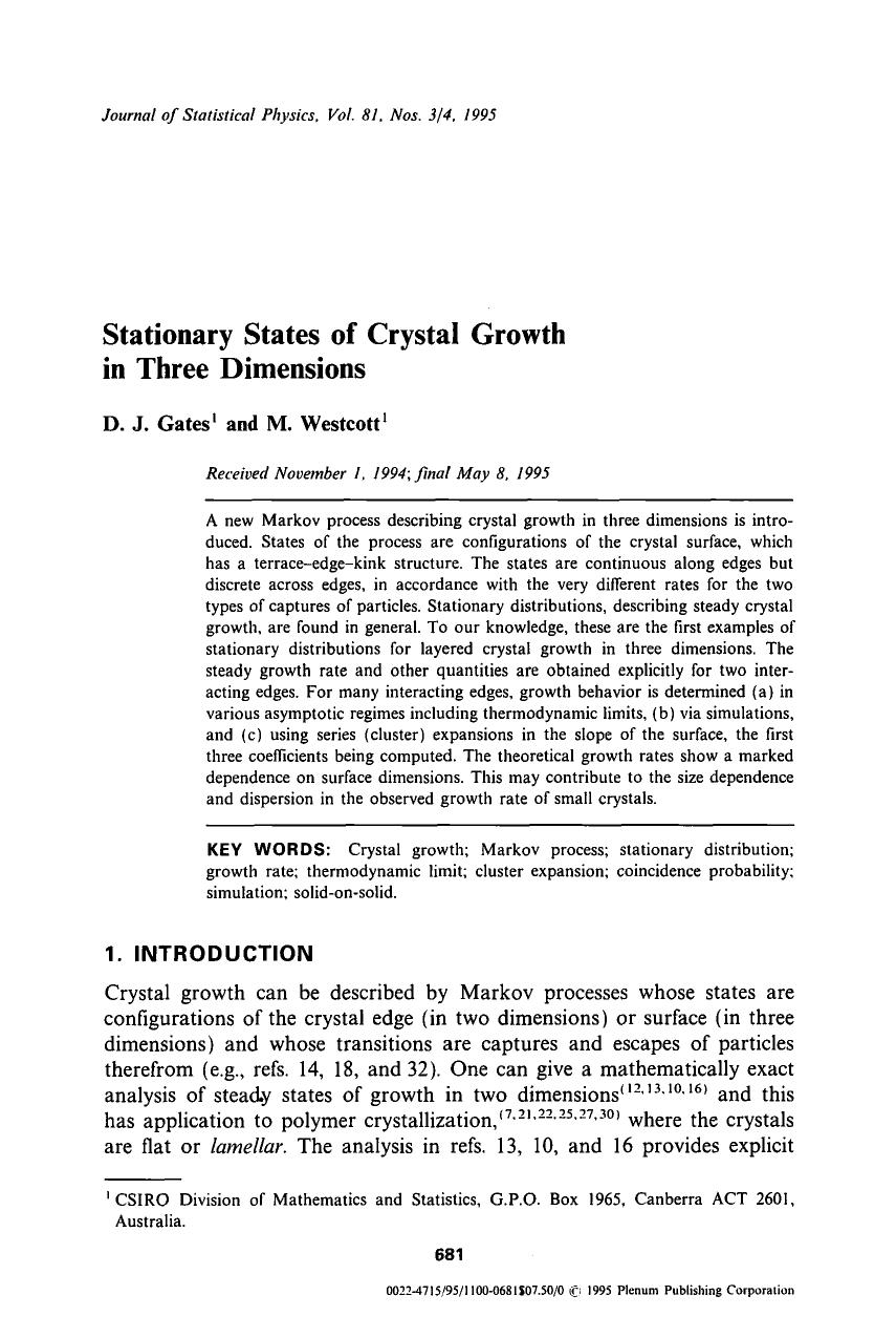 Stationary states of crystal growth in three dimensions by Unknown