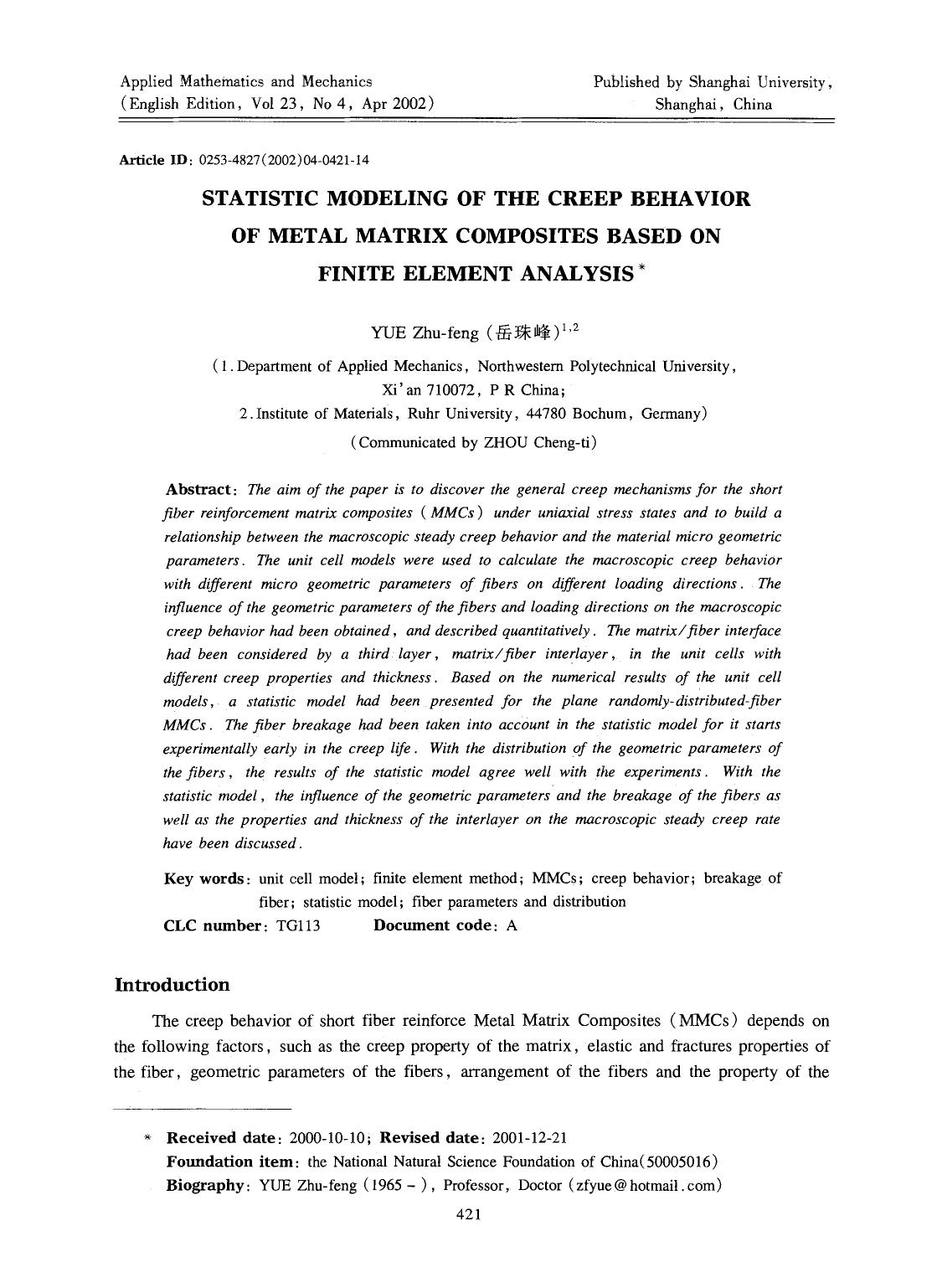Statistic modeling of the creep behavior of metal matrix composites based on finite element analysis by Unknown
