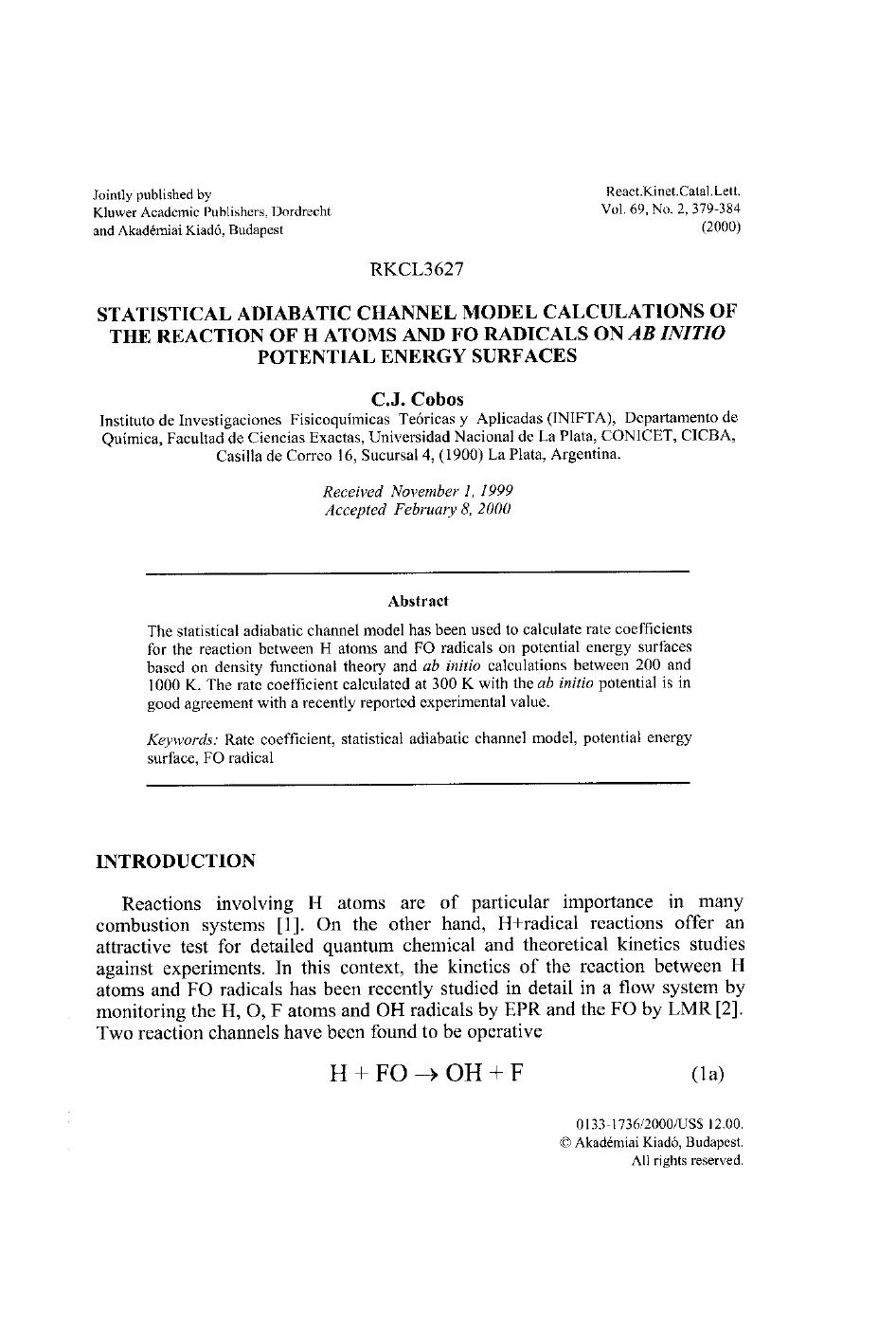 Statistical Adiabatic Channel Model Calculations of the Reaction of H Atoms and FO Radicals on Ab Initio Potential Energy Surfaces by Unknown