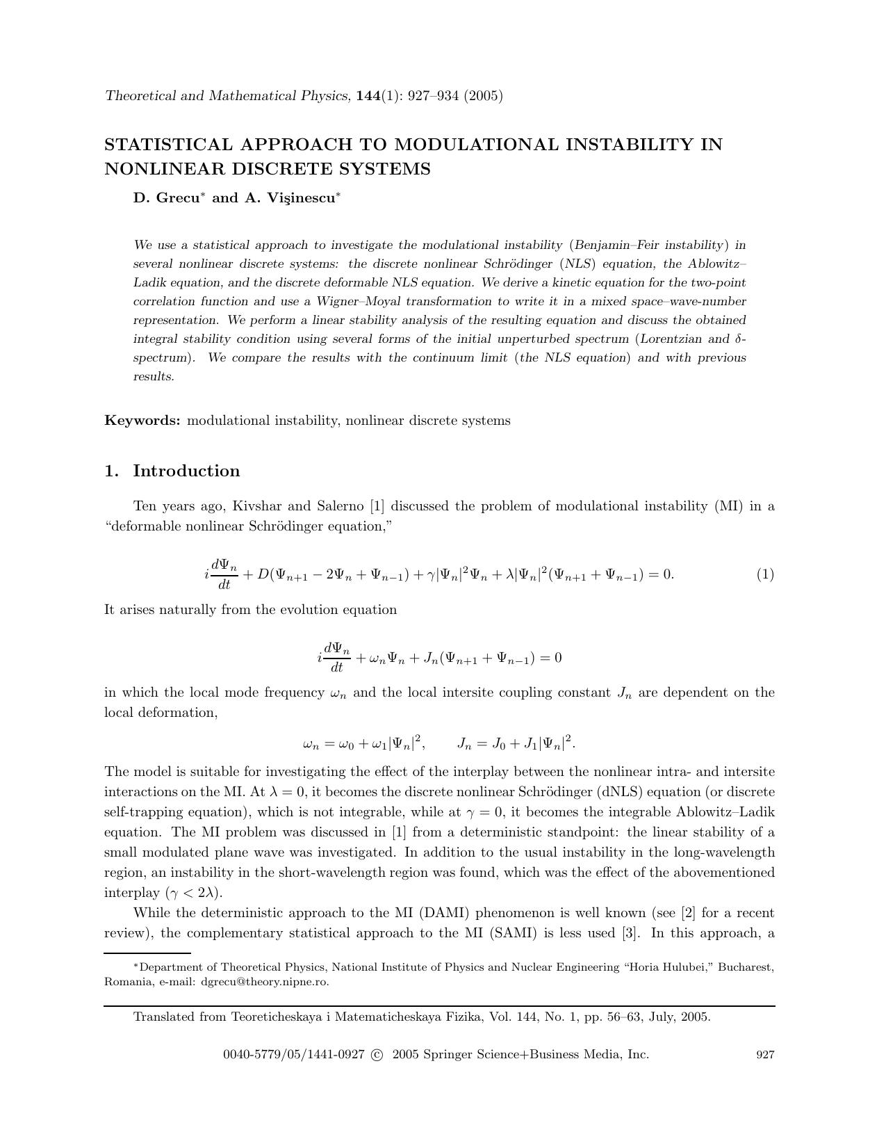 Statistical Approach to Modulational Instability in Nonlinear Discrete Systems by Unknown