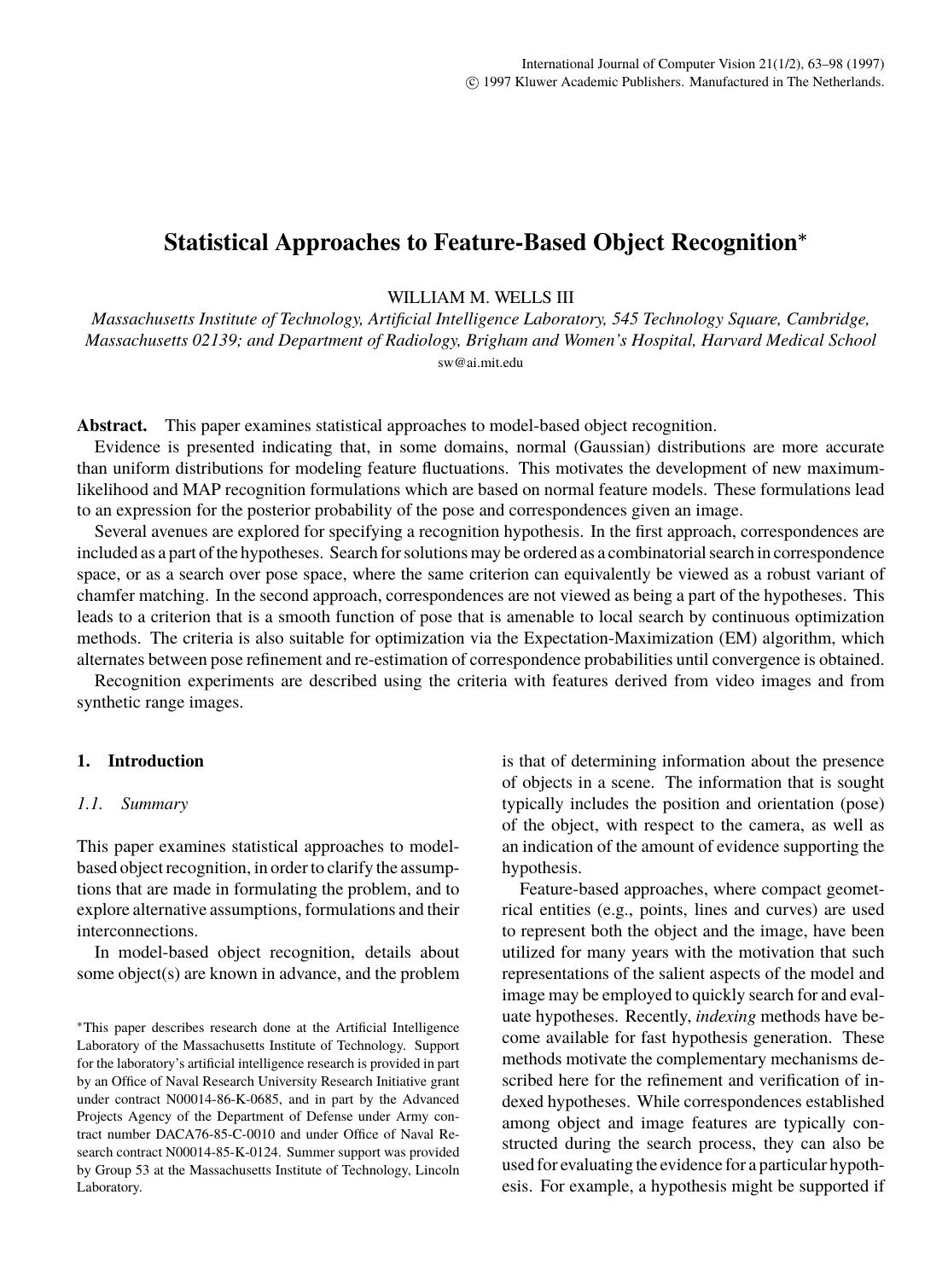 Statistical Approaches to Feature-Based Object Recognition by Statistical Approaches to Feature-Based Object Recognition