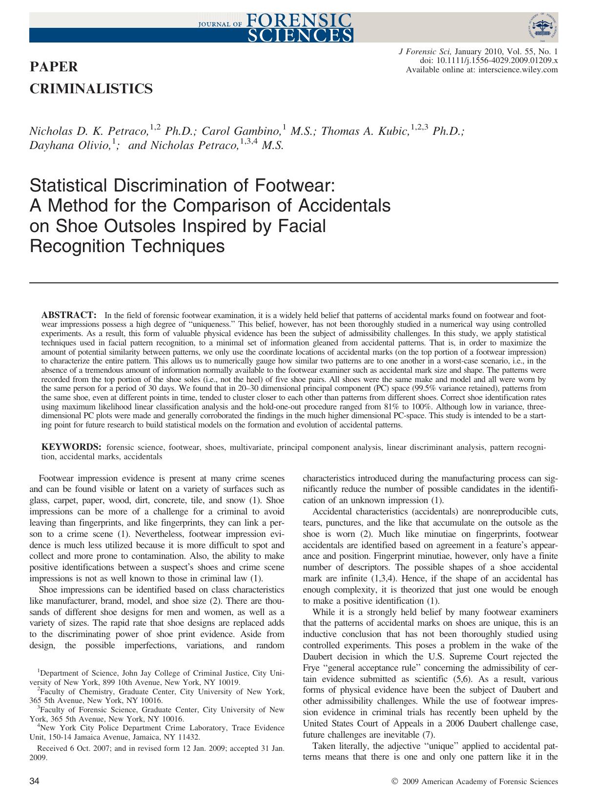 Statistical Discrimination of Footwear: A Method for the Comparison of Accidentals on Shoe Outsoles Inspired by Facial Recognition Techniques by Unknown