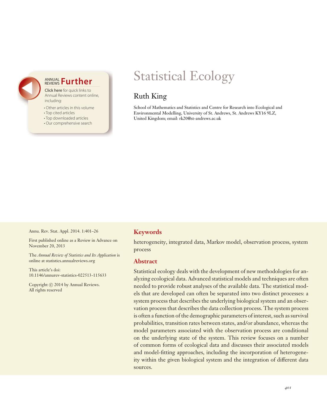 Statistical Ecology by Ruth King