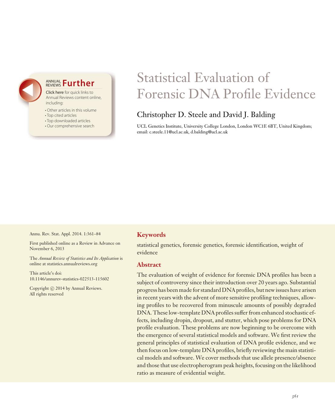 Statistical Evaluation of Forensic DNA Profile Evidence by Christopher D. Steele and David J. Balding