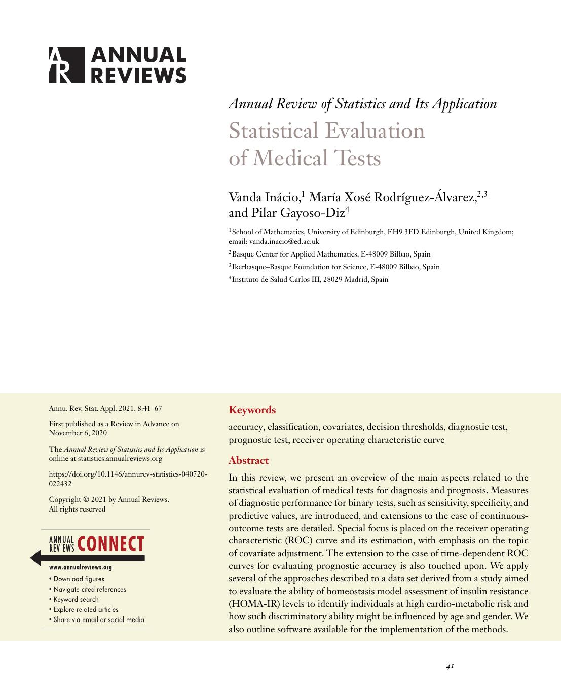 Statistical Evaluation of Medical Tests by Vanda Inácio María Xosé Rodríguez-Álvarez Pilar Gayoso-Diz