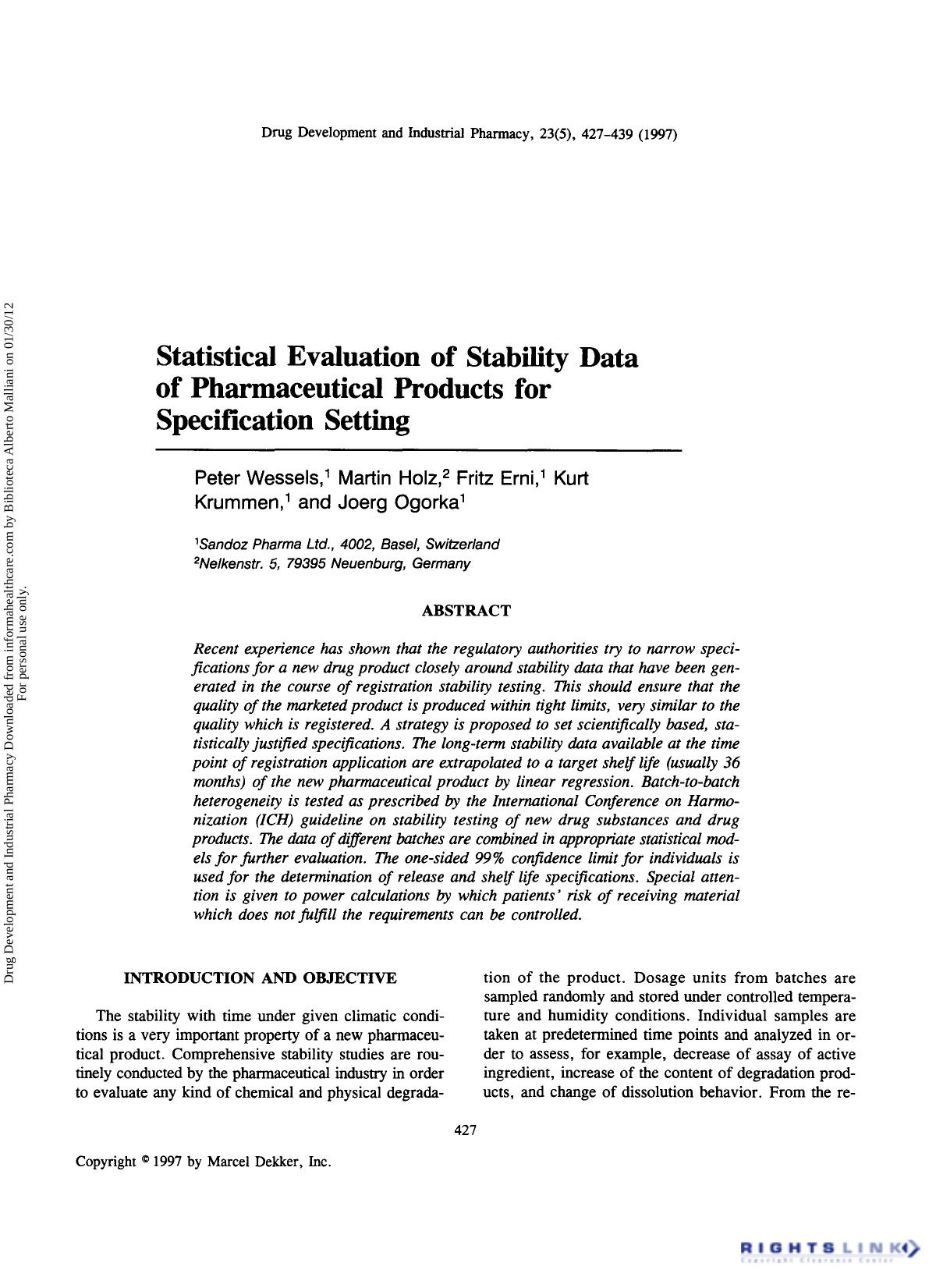 Statistical Evaluation of Stability Data of Pharmaceutical Products for Specification Setting by Peter Wessels Martin Holz Fritz Erni Kurt Krummen & Joerg Ogorka