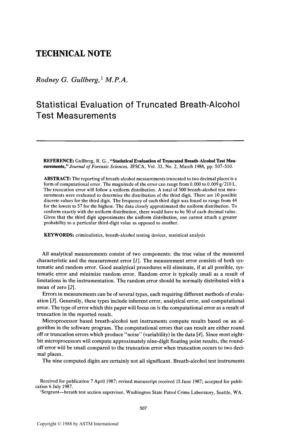 Statistical Evaluation of Truncated Breath-Alcohol Test Measurements by Gullberg RG