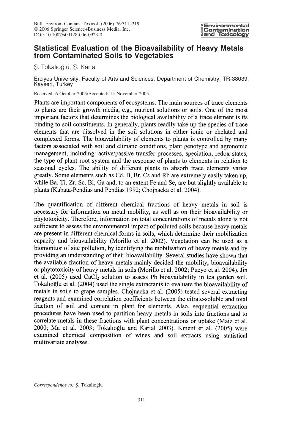 Statistical Evaluation of the Bioavailability of Heavy Metals from Contaminated Soils to Vegetables by Tokalioglu & S. et al