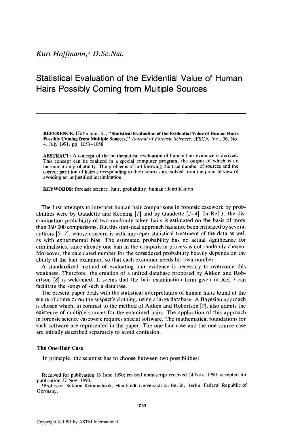 Statistical Evaluation of the Evidential Value of Human Hairs Possibly Coming from Multiple Sources by Hoffmann K