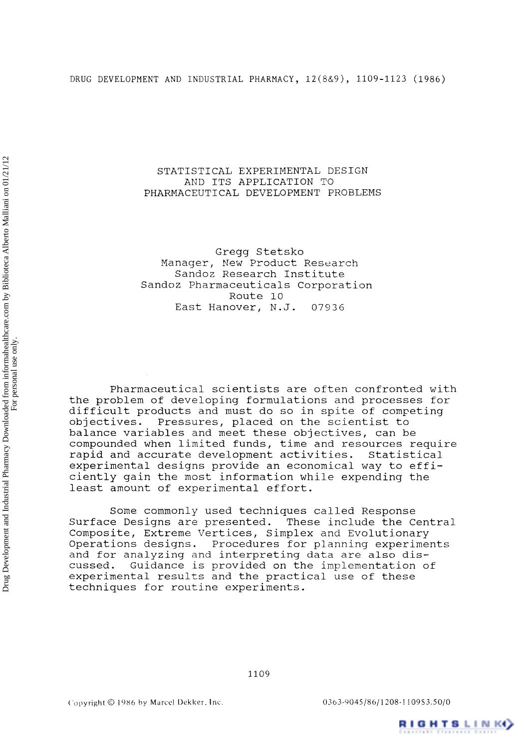 Statistical Experimental Design and its Application to Pharmaceutical Development Problems by Gregg Stetsko Manager