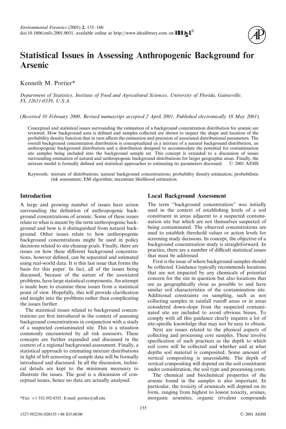 Statistical Issues in Assessing Anthropogenic Background for Arsenic by Portier K. M