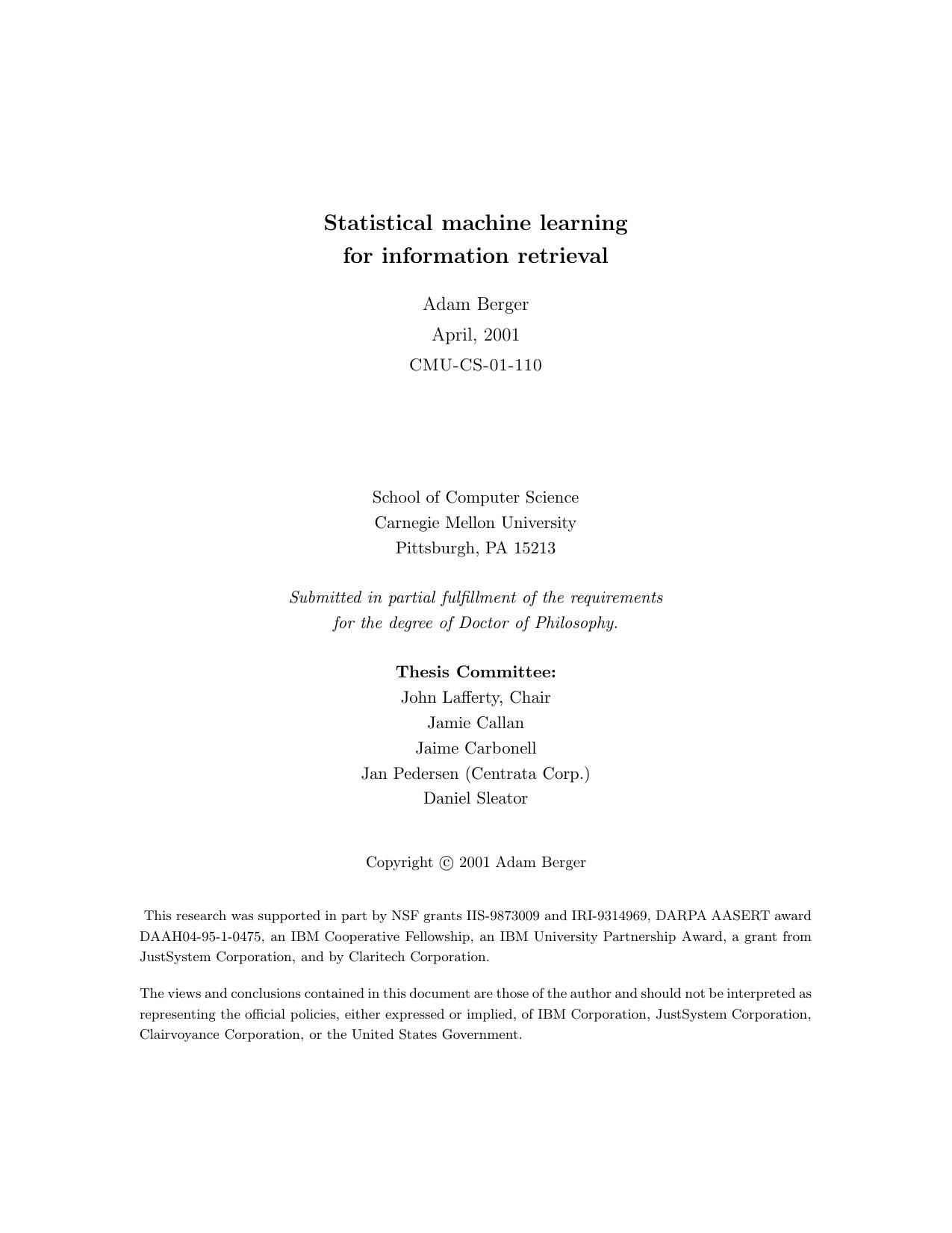 Statistical Machine Learning For Information Retrieval by Adam Berger