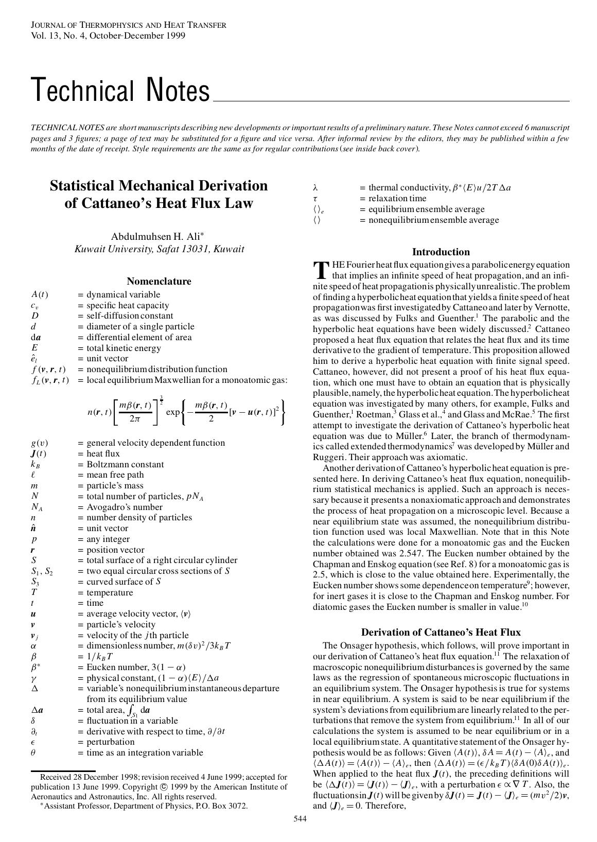 Statistical Mechanical Derivation of Cattaneo's Heat Flux Law by Unknown