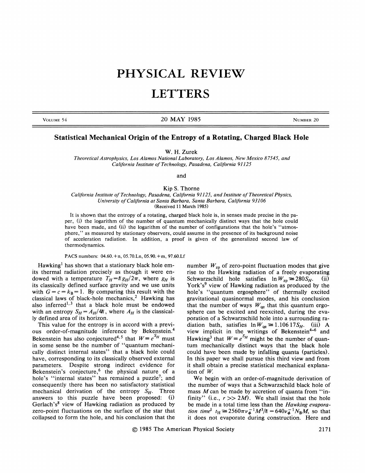 Statistical Mechanical Origin of the Entropy of a Rotating Black Hole (1985) by Unknown