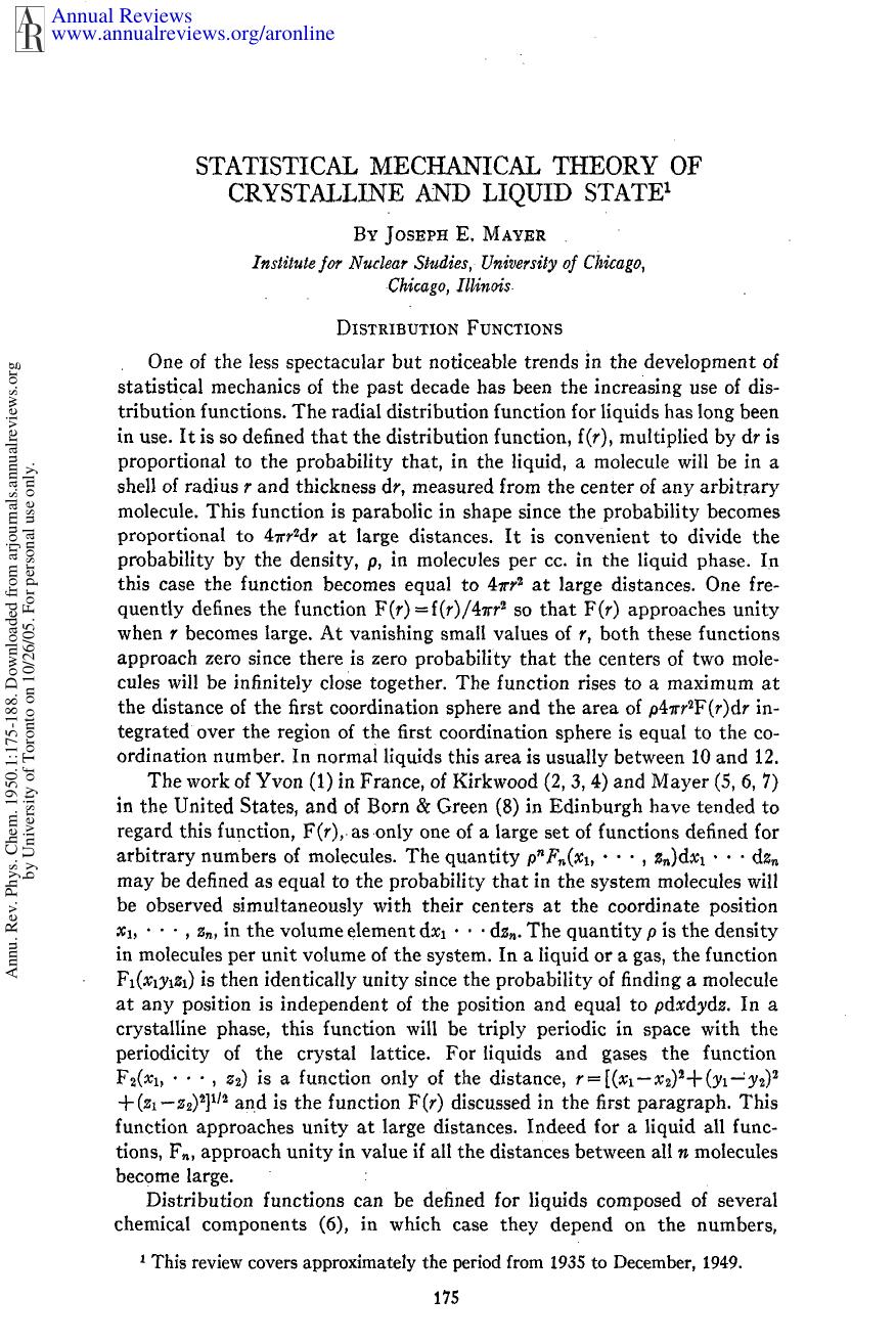Statistical Mechanical Theory of Crystalline and Liquid State by J E Mayer