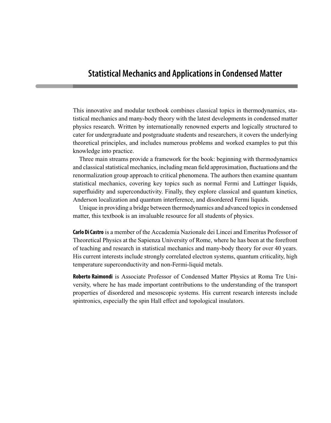 Statistical Mechanics and Applications in Condensed Matter by Carlo Di Castro Roberto Raimondi
