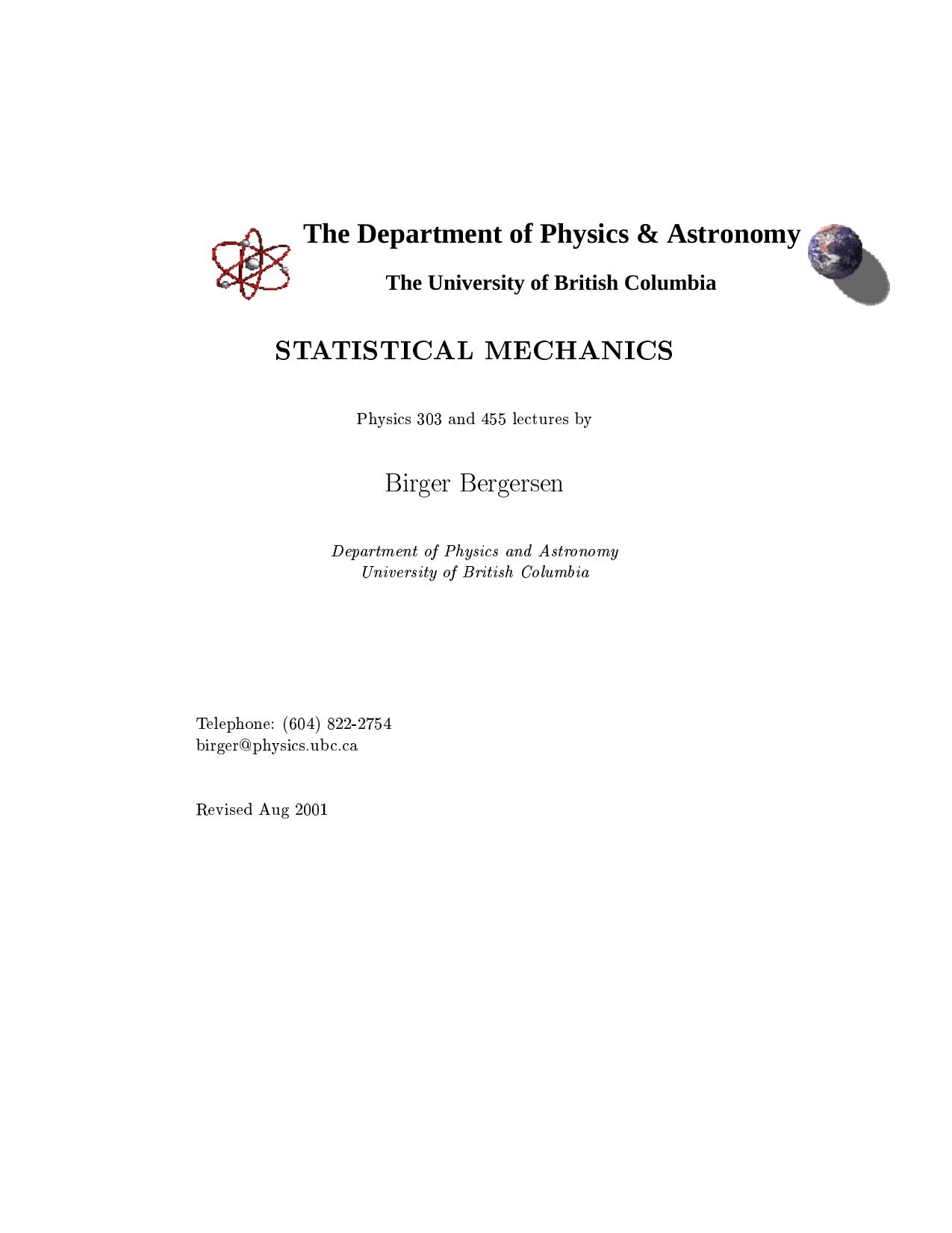 Statistical Mechanics by Bergersen Birger