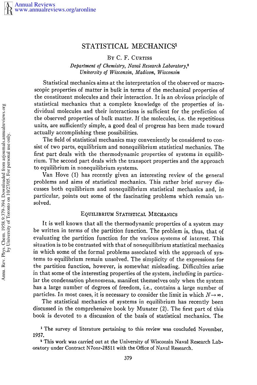Statistical Mechanics by C F Curtiss