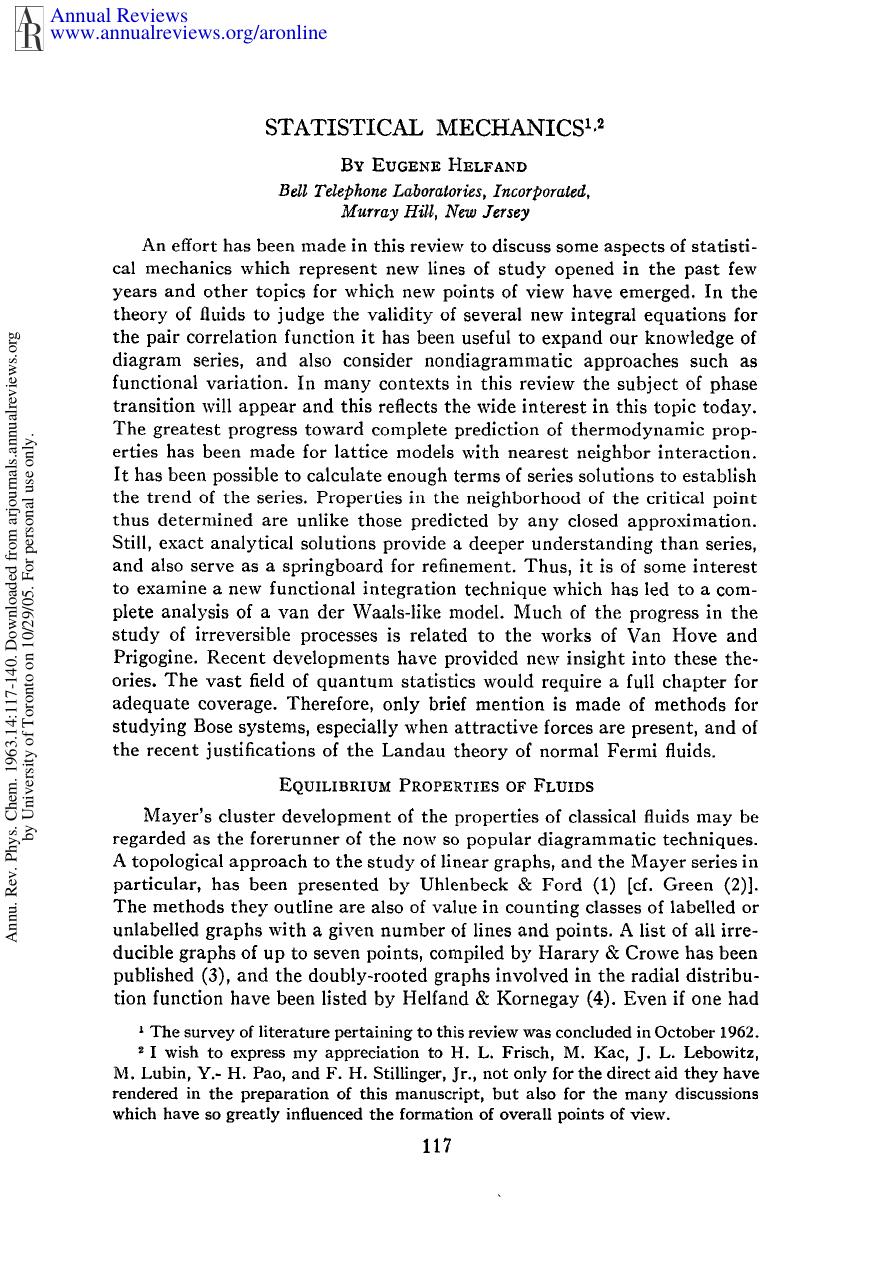 Statistical Mechanics by E Helfand