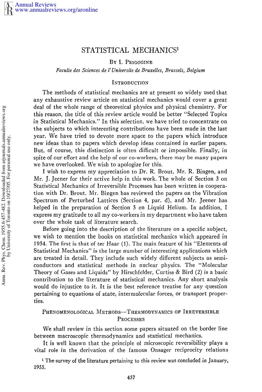 Statistical Mechanics by I Prigogine