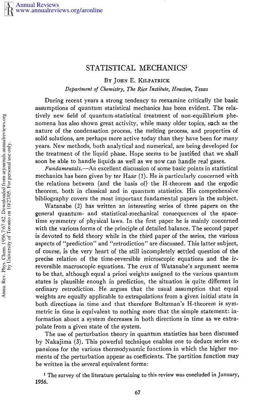 Statistical Mechanics by J E Kilpatrick