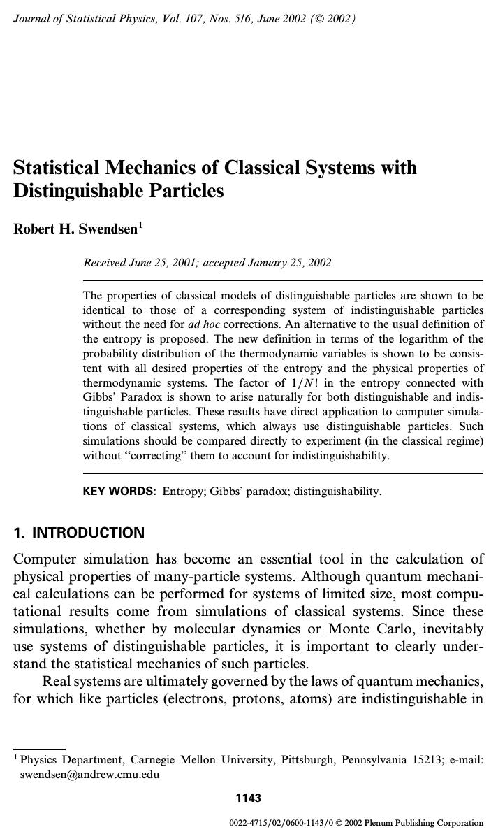 Statistical Mechanics of Classical Systems with Distinguishable Particles by Unknown