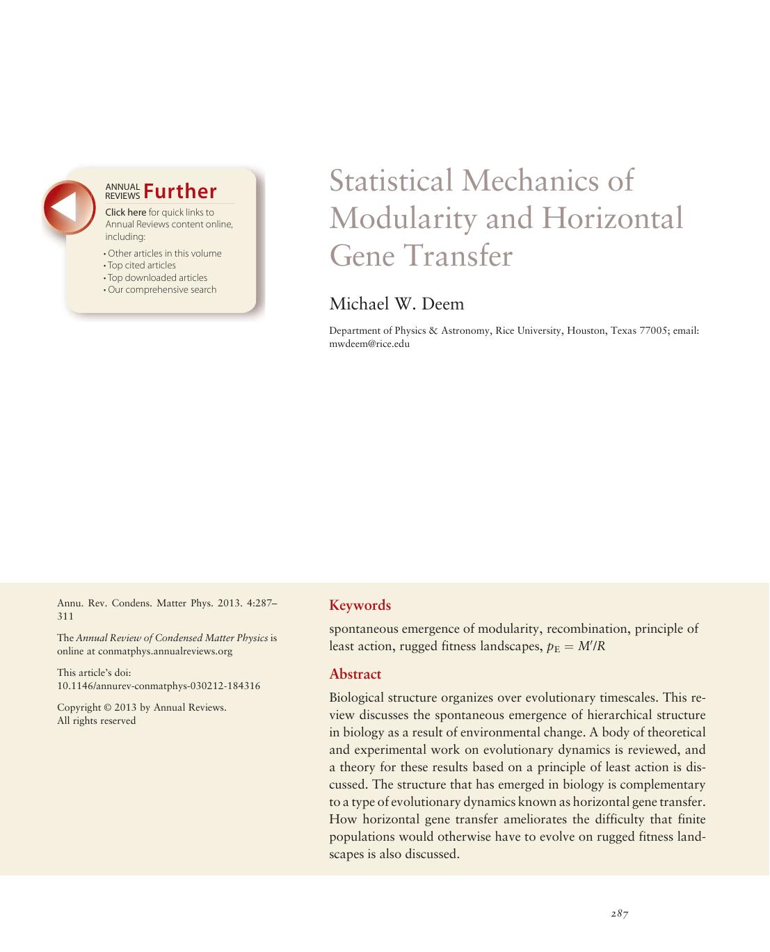 Statistical Mechanics of Modularity and Horizontal Gene Transfer by Michael W. Deem