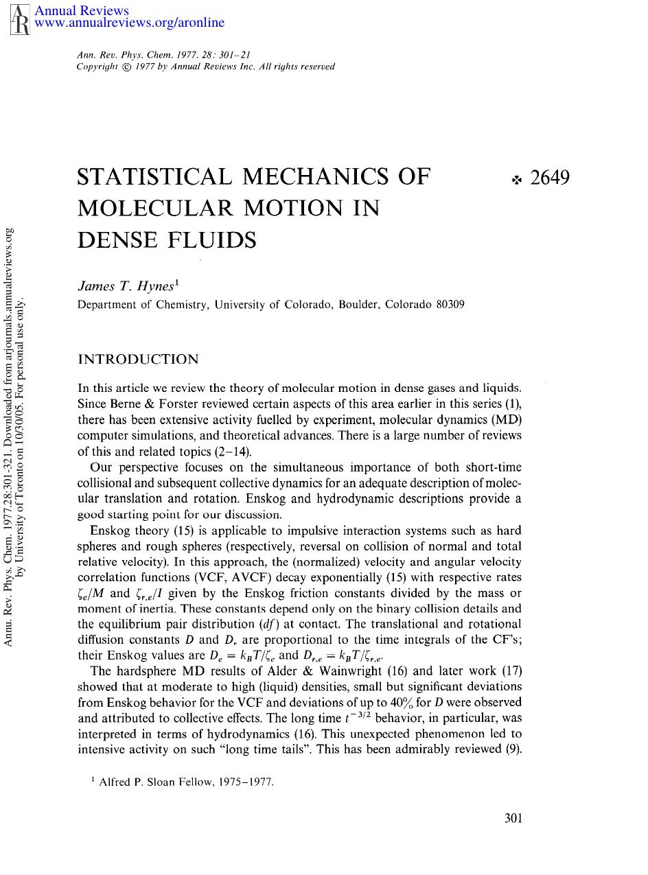 Statistical Mechanics of Molecular Motion in Dense Fluids by J T Hynes