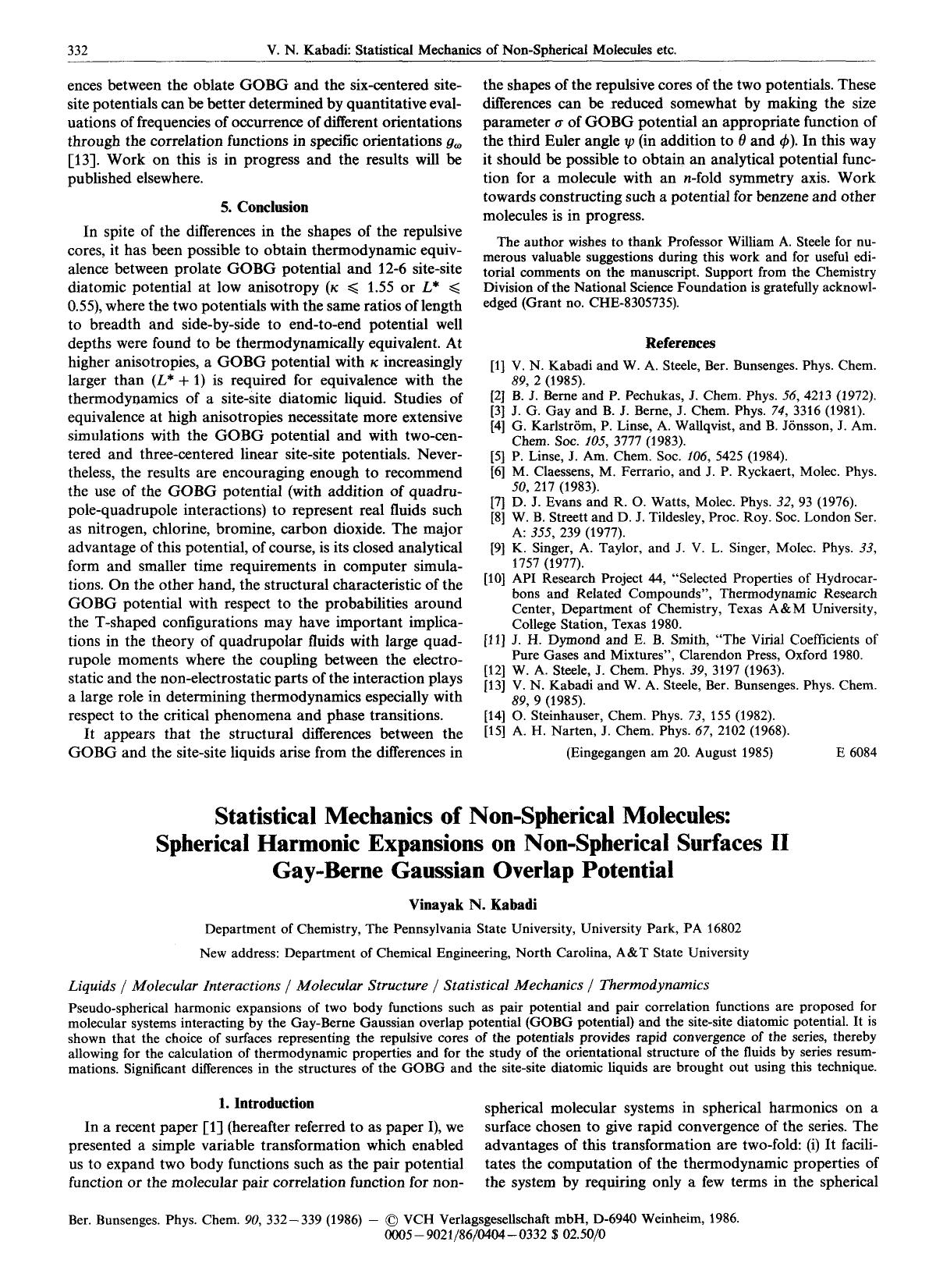Statistical Mechanics of Non-Spherical Molecules: Spherical Harmonic Expansions on Non-Spherical Surfaces II Gay-Berne Gaussian Overlap Potential by Unknown