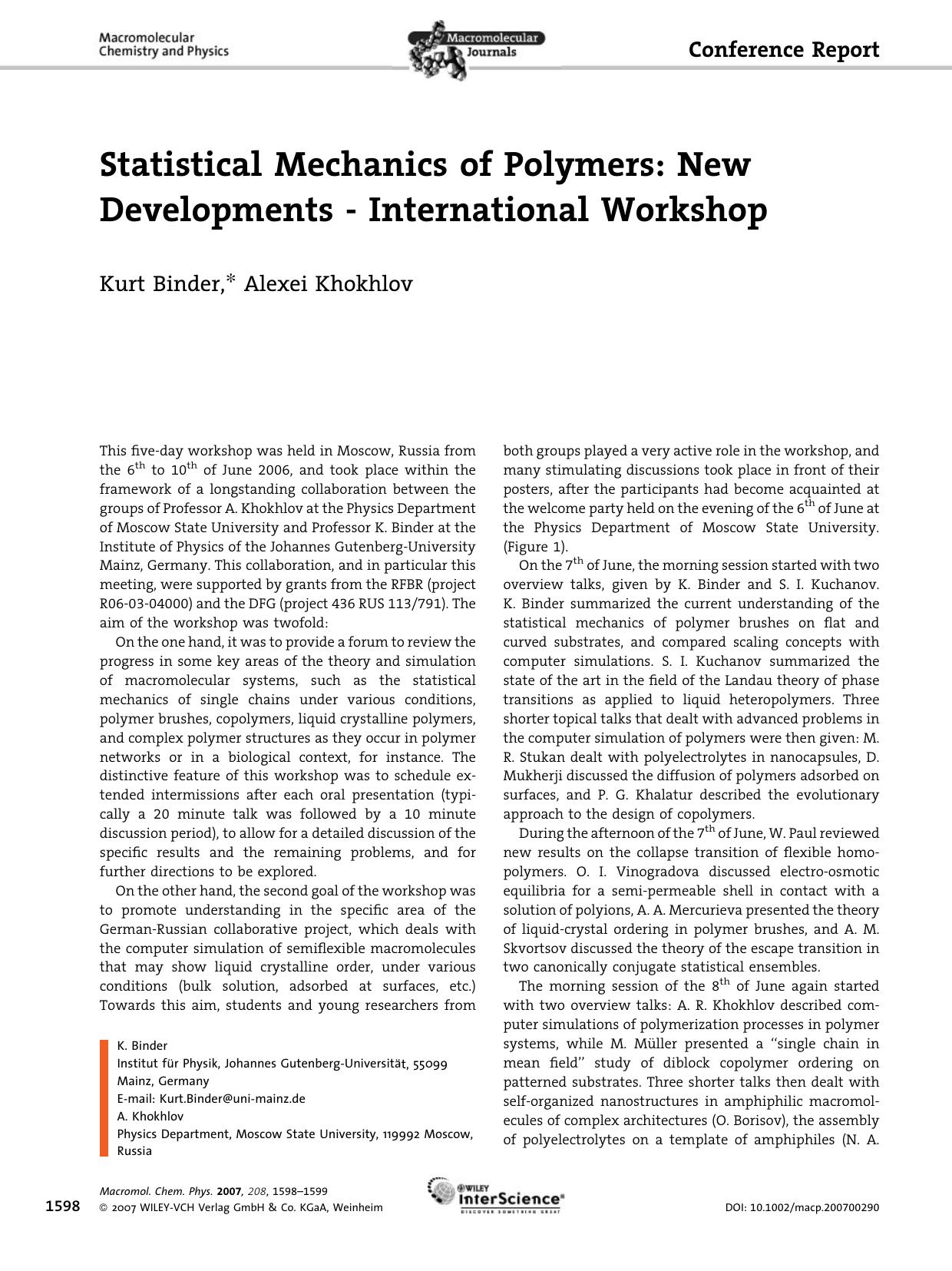 Statistical Mechanics of Polymers: New Developments - International Workshop by Unknown