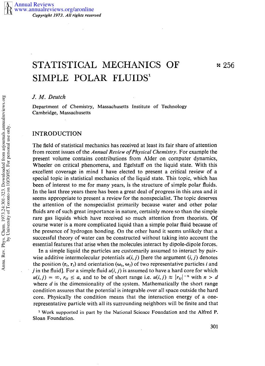 Statistical Mechanics of Simple Polar Fluids by J M Deutch