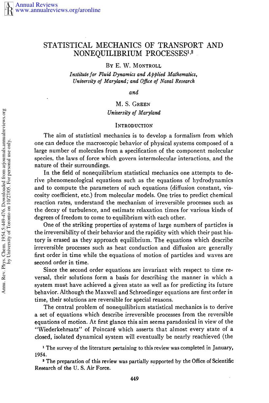Statistical Mechanics of Transport and Nonequilibrium Processes by E W Montroll & M S Green