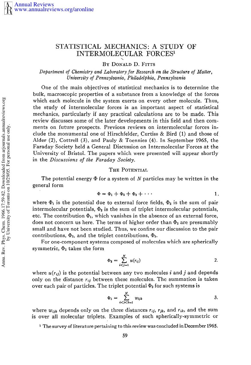Statistical Mechanics: A Study of Intermolecular Forces by D D Fitts