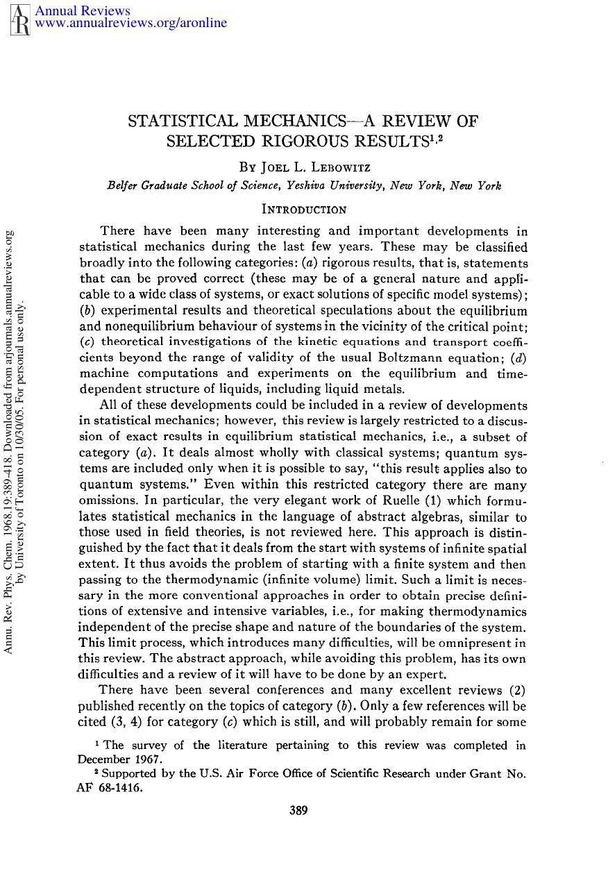 Statistical Mechanics-A Review of Selected Rigorous Results by J L LeBowitz