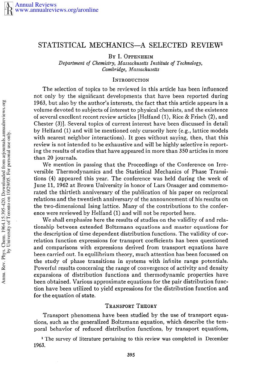 Statistical Mechanics-A Selected Review by I Oppenheim