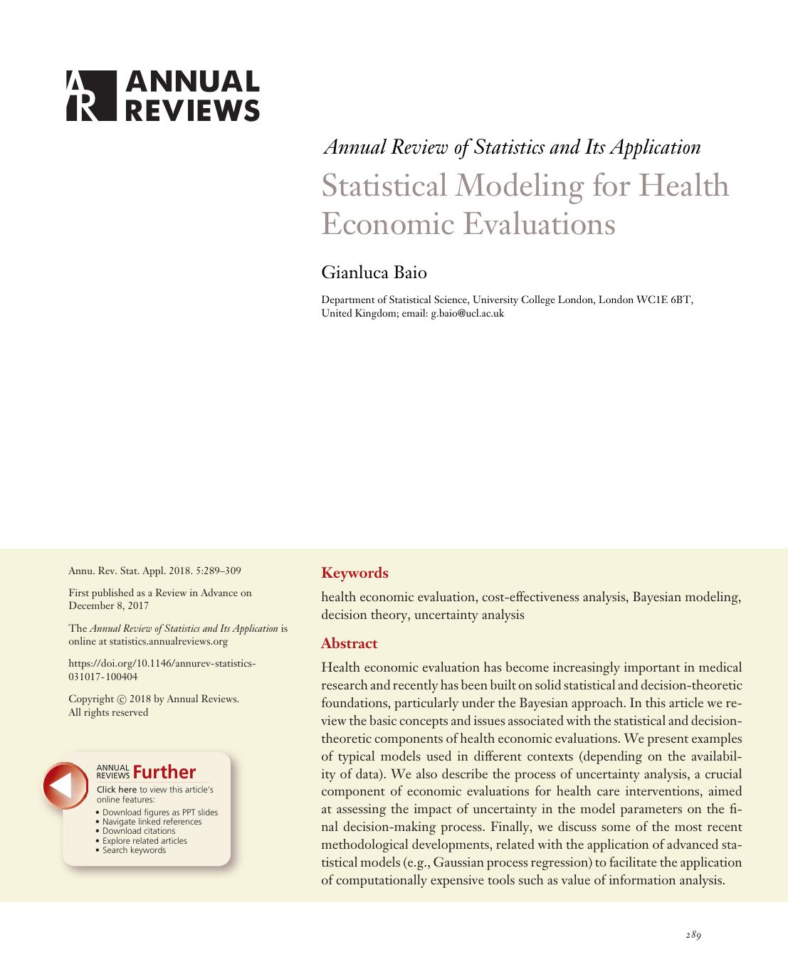 Statistical Modeling for Health Economic Evaluations by Gianluca Baio