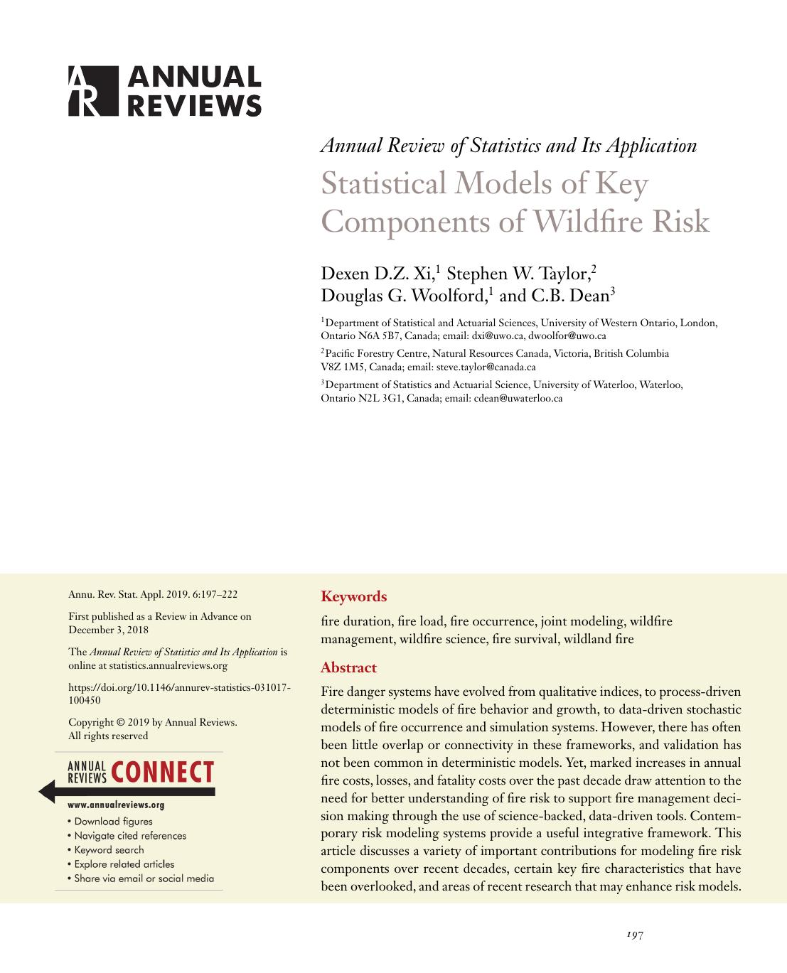 Statistical Models of Key Components of Wildfire Risk by Dexen D.Z. Xi Stephen W. Taylor Douglas G. Woolford C.B. Dean